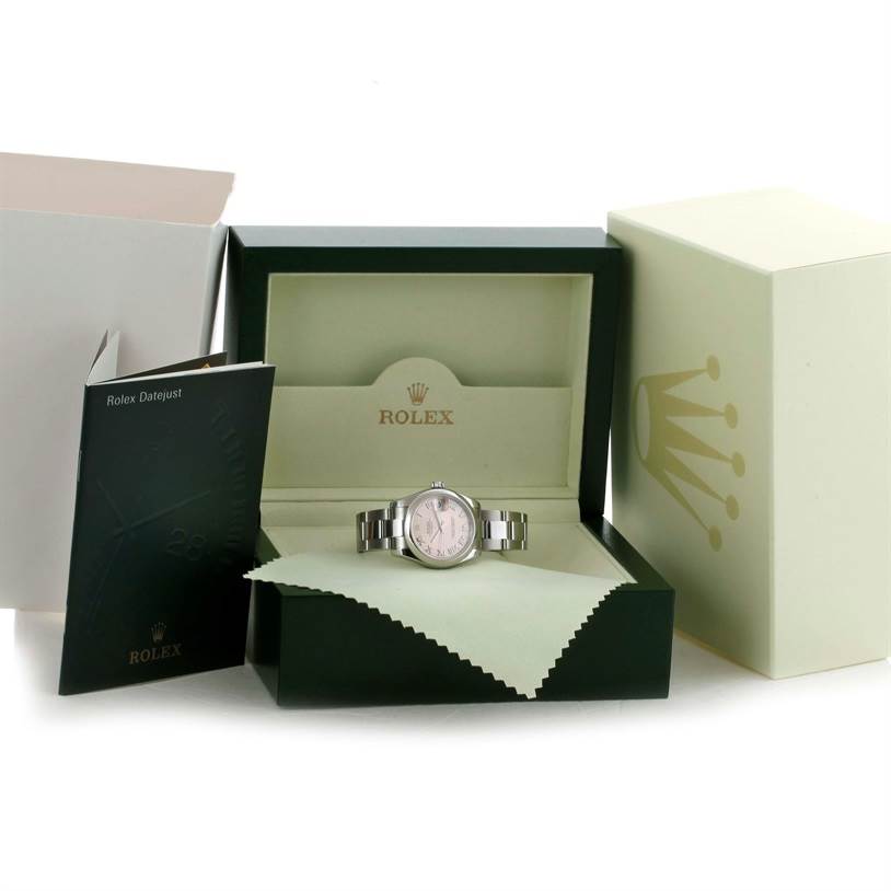 The image shows a Rolex Mid-Size 178240 Women's Stainless Steel Pink Dial 178240 Women's Stainless Steel Pink Dial Datejust in its box along with manuals and packaging.