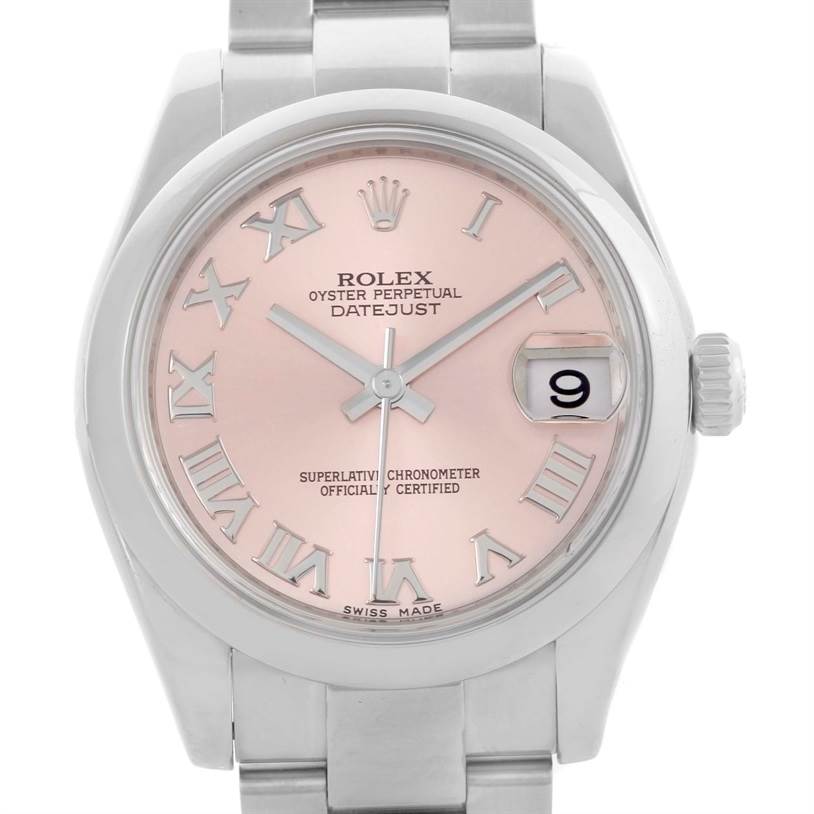 This image shows a front view of a Rolex Oyster Perpetual Datejust Mid-Size watch with a pink dial and Roman numerals.