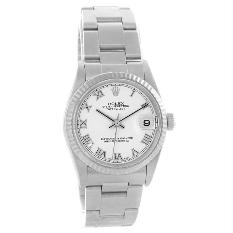This Rolex Mid-Size 78274 Women's Stainless Steel White Dial 78274 Women's Stainless Steel White Dial Datejust watch is shown from a frontal angle, displaying the face, bezel, bracelet, and crown.