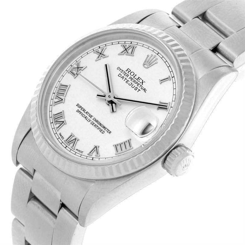The image shows a close-up of the Rolex Mid-Size 78274 Women's Stainless Steel White Dial 78274 Women's Stainless Steel White Dial Datejust watch, highlighting its dial, bezel, crown, and part of the bracelet.