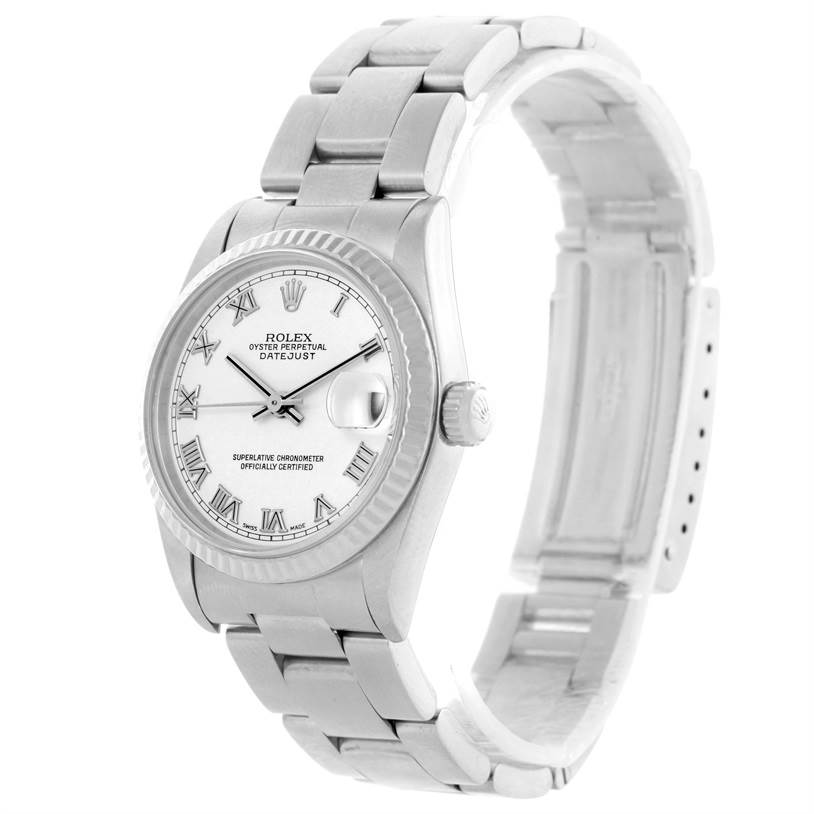 The image shows the Rolex Mid-Size 78274 Women's Stainless Steel White Dial 78274 Women's Stainless Steel White Dial Datejust watch at a three-quarter angle, displaying its face, bezel, and bracelet.
