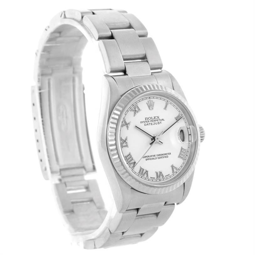 This Rolex Mid-Size 78274 Women's Stainless Steel White Dial 78274 Women's Stainless Steel White Dial Datejust watch is shown at a three-quarter angle, displaying the dial, bezel, crown, and band.
