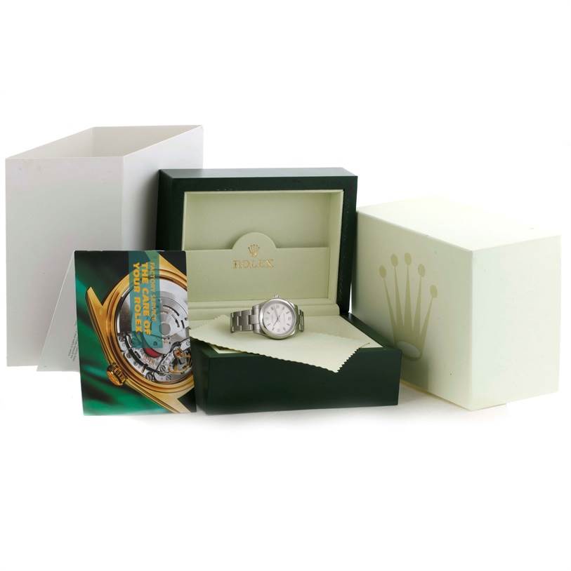This image shows a Rolex Mid-Size 177200 Stainless Steel Silver Dial 177200 Stainless Steel Silver Dial model watch at a front angle, with its box, outer packaging, and accompanying booklet.
