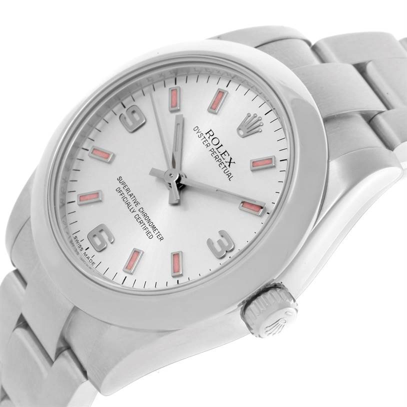 This is a Rolex Mid-Size 177200 Stainless Steel Silver Dial 177200 Stainless Steel Silver Dial Oyster Perpetual watch shown at an angled close-up, highlighting the dial, bezel, bracelet, and crown.