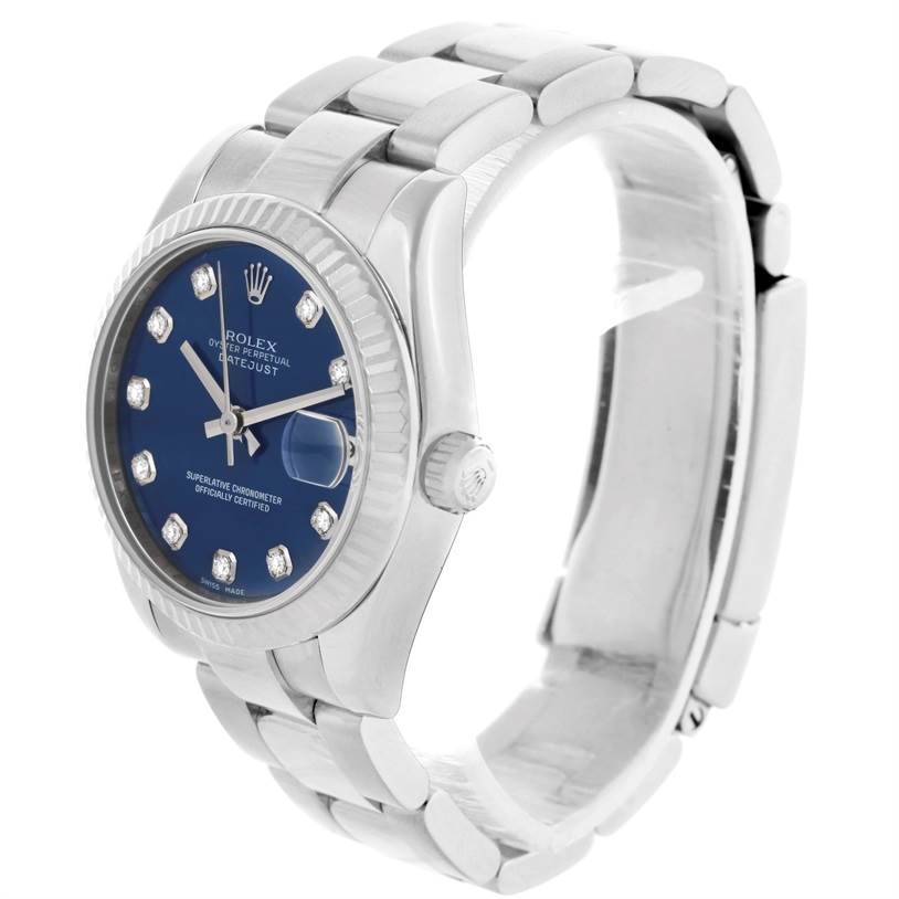 The Rolex Mid-Size 178274 Women's Stainless Steel Blue Dial 178274 Women's Stainless Steel Blue Dial watch is shown at a 3/4 angle highlighting its dial, fluted bezel, crown, and stainless steel bracelet.