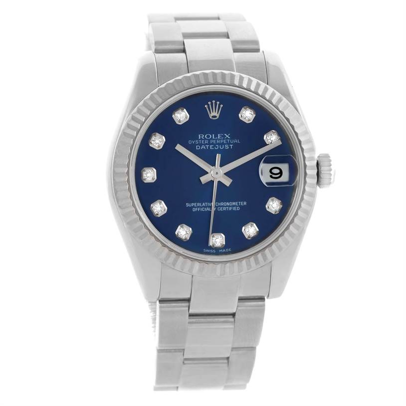 The image shows a front view of a Rolex Mid-Size 178274 Women's Stainless Steel Blue Dial 178274 Women's Stainless Steel Blue Dial Datejust watch, featuring a blue dial, diamond hour markers, and a stainless steel bracelet.