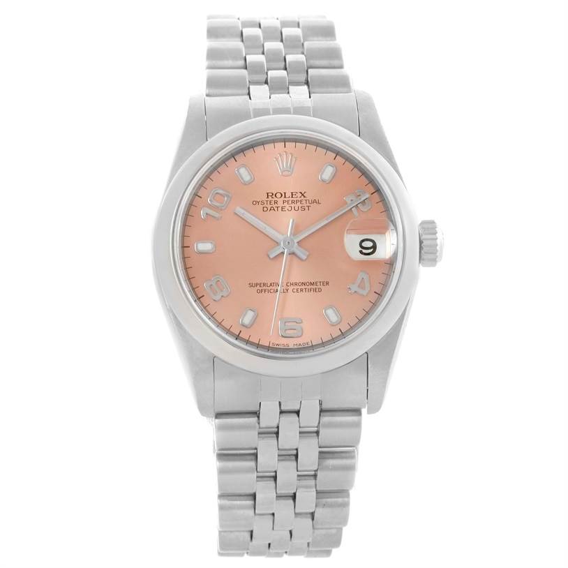 This is a front view of a Rolex Mid-Size 78240 Women's Stainless Steel Pink Dial 78240 Women's Stainless Steel Pink Dial Oyster Perpetual Datejust watch showing the dial, hands, date window, and bracelet.