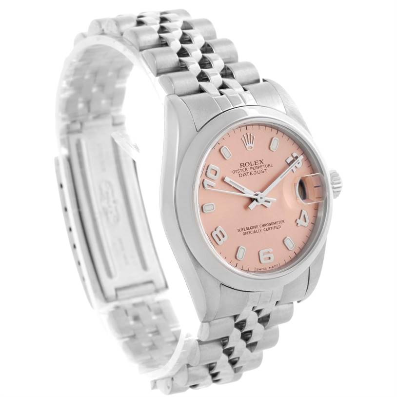 This Rolex Mid-Size 78240 Women's Stainless Steel Pink Dial 78240 Women's Stainless Steel Pink Dial Datejust watch is shown at an angle, displaying the face, crown, bracelet, and clasp.