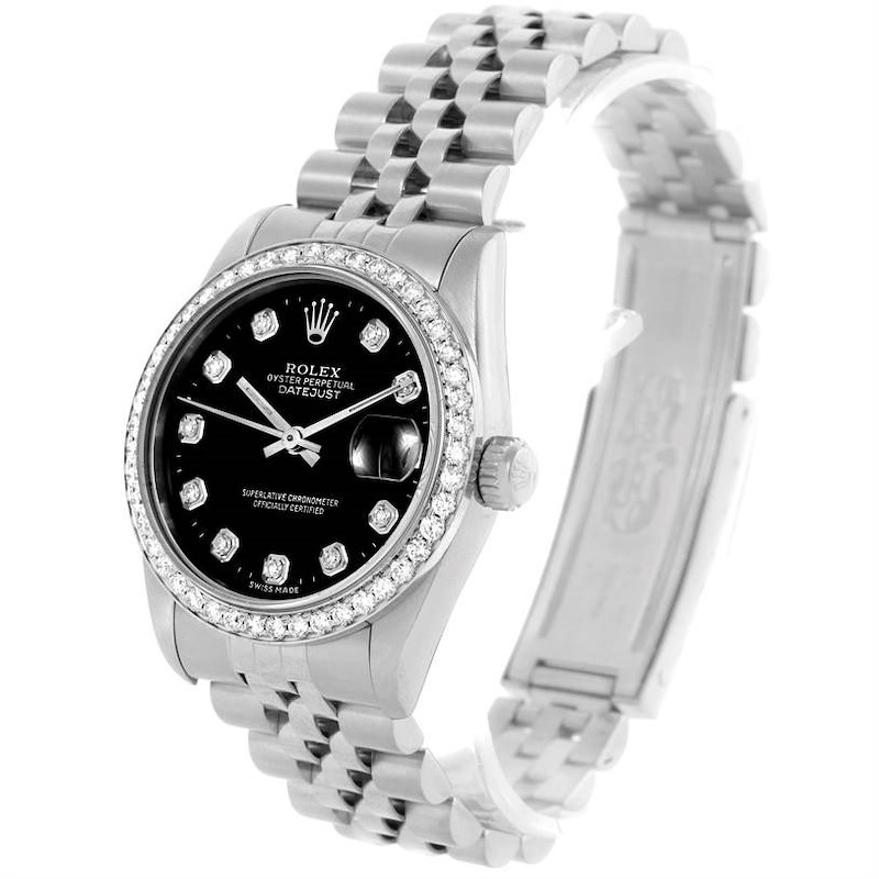 Rolex Midsize Datejust Stainless Steel Black Diamond Dial Watch 68240 SwissWatchExpo