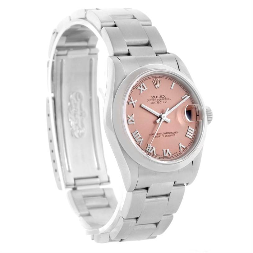 The image shows a Rolex Datejust Mid-Size model at a slight angle, displaying the face, case, and part of the bracelet.