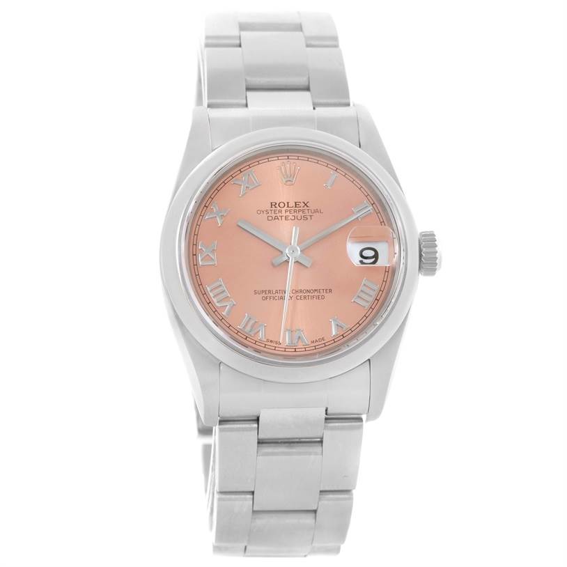 The Rolex Mid-Size 78240 Women's Stainless Steel Pink Dial 78240 Women's Stainless Steel Pink Dial Oyster Perpetual Datejust watch is shown from a front angle, displaying the face, dial, and bracelet.