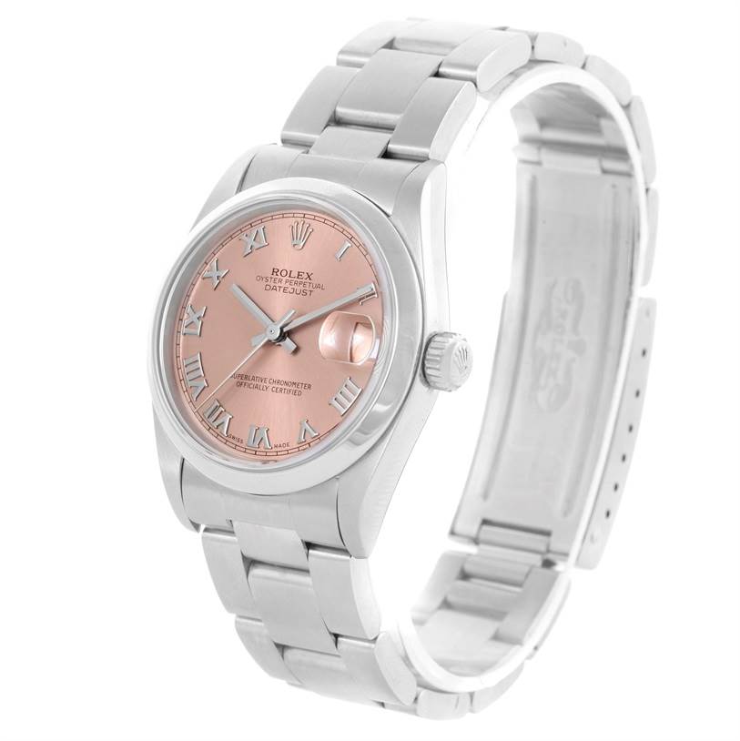 This image displays a Rolex Datejust Mid-Size watch at a slight angle, showcasing the face, bezel, crown, and bracelet.