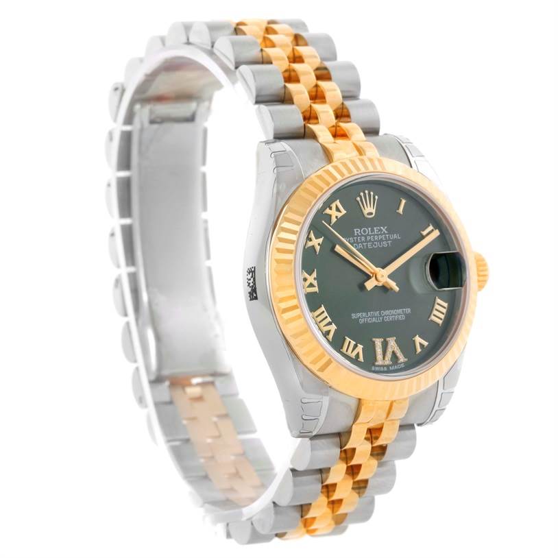 The Rolex Mid-Size 178273 Women's Steel and Gold (two tone) Green Dial 178273 Women's Steel and Gold (two tone) Green Dial model watch is shown at a three-quarter angle, highlighting its two-tone bracelet, fluted bezel, and face.