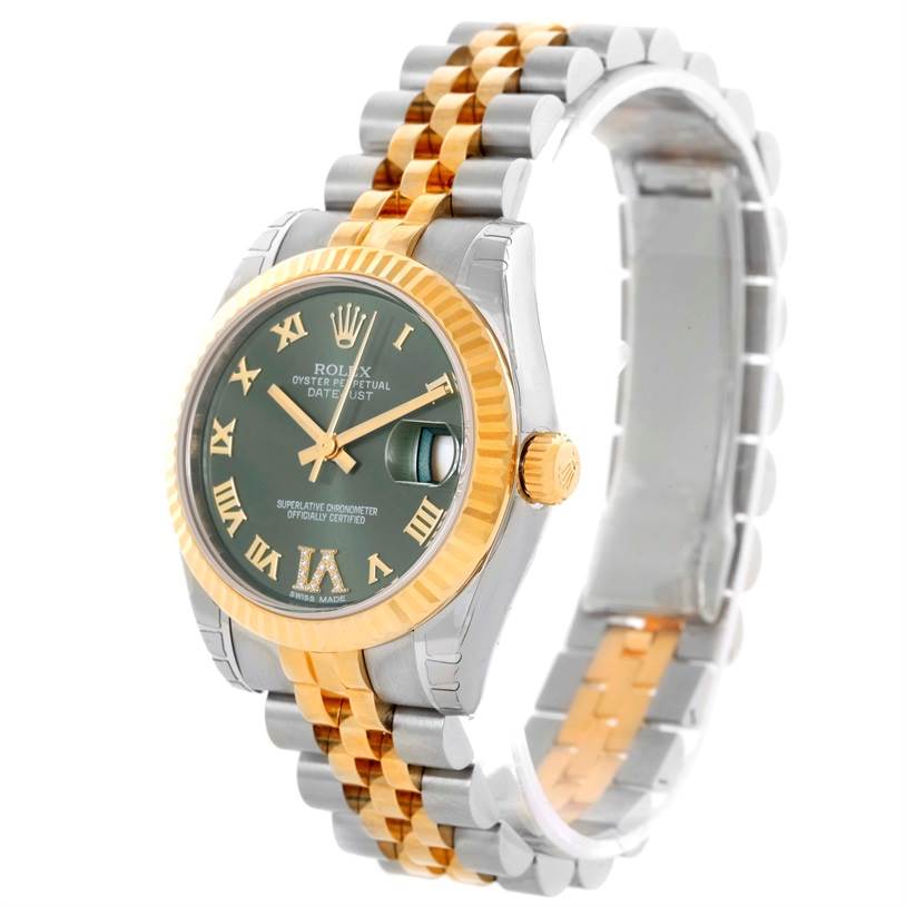 This image shows a Mid-Size Rolex Oyster Perpetual Datejust watch at a slight angle, highlighting the dial, bezel, and bracelet.
