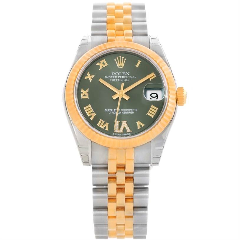 This image shows a front view of a Rolex Datejust Mid-Size watch, displaying its green dial, gold Roman numerals, and two-tone bracelet.