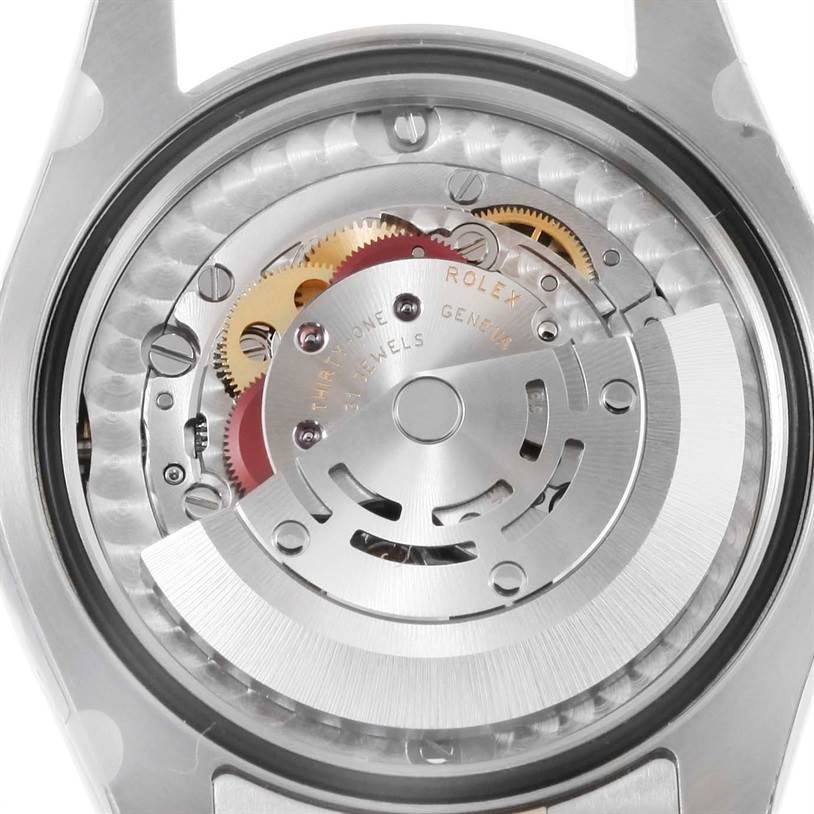 This image shows the internal mechanical movement of a Rolex Mid-Size 178273 Women's Steel and Gold (two tone) Green Dial 178273 Women's Steel and Gold (two tone) Green Dial model watch from a top-down view.