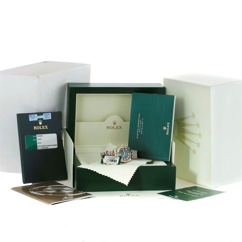 The image shows a Mid-Size Rolex watch with its box, manuals, and certificate at an angled front view.