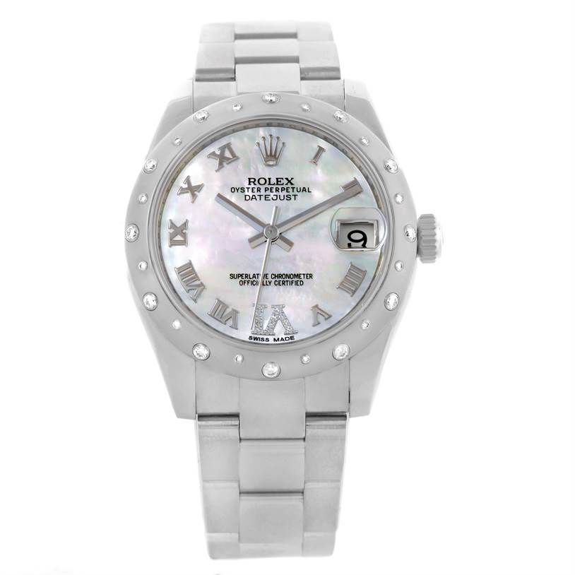 This is a front view of a Rolex Oyster Perpetual Datejust Mid-Size watch, showcasing its dial, bezel, and bracelet.