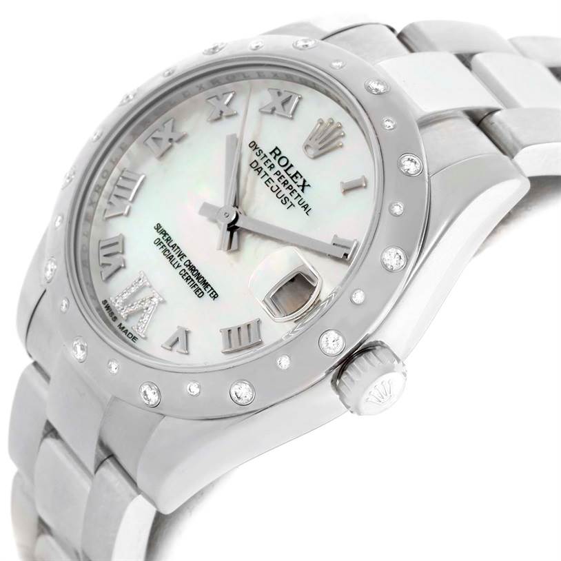 This image shows a side view of a Rolex Mid-Size 178344 Women's Stainless Steel Mother of Pearl Dial 178344 Women's Stainless Steel Mother of Pearl Dial Oyster Perpetual Datejust, highlighting the face, crown, and bracelet.