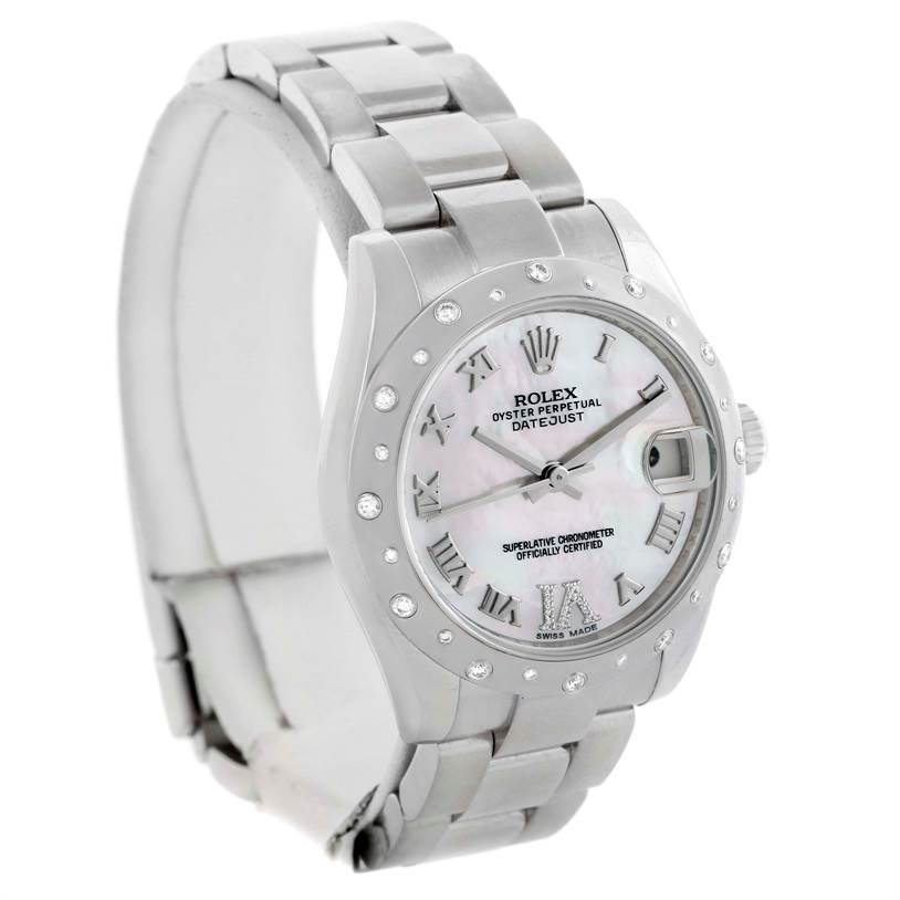 This image shows a Rolex Mid-Size 178344 Women's Stainless Steel Mother of Pearl Dial 178344 Women's Stainless Steel Mother of Pearl Dial Datejust watch from a front left angle, highlighting its face and bracelet.