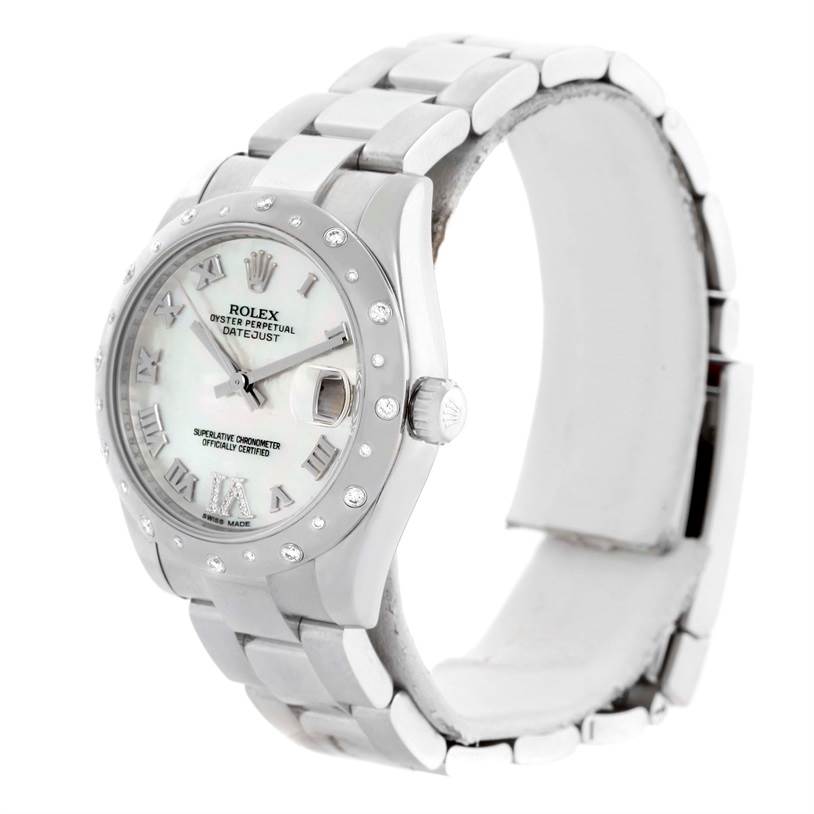 The Rolex Mid-Size 178344 Women's Stainless Steel Mother of Pearl Dial 178344 Women's Stainless Steel Mother of Pearl Dial Oyster Perpetual Datejust watch is shown from a three-quarter angle, highlighting its face, bezel, dial, and bracelet.