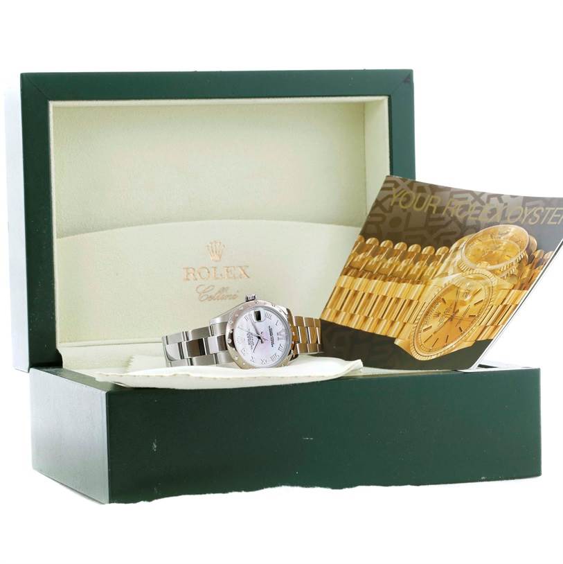 The image shows a Rolex Mid-Size 178344 Women's Stainless Steel Mother of Pearl Dial 178344 Women's Stainless Steel Mother of Pearl Dial model watch laying in its open green and cream presentation box, alongside a booklet.