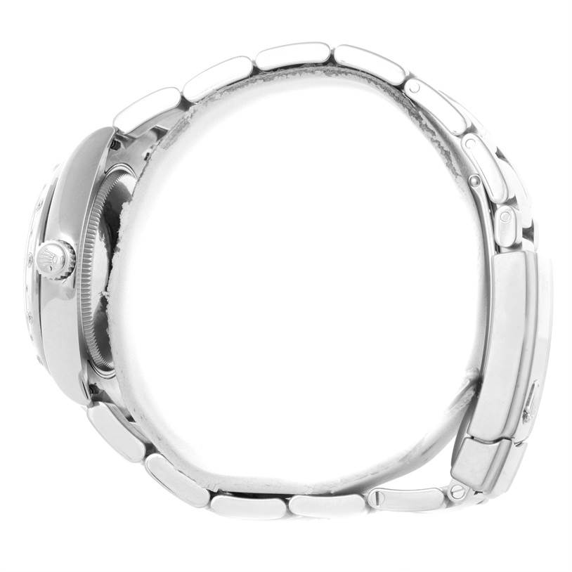 Side view of a Mid-Size Rolex watch showing the case, crown, and bracelet.