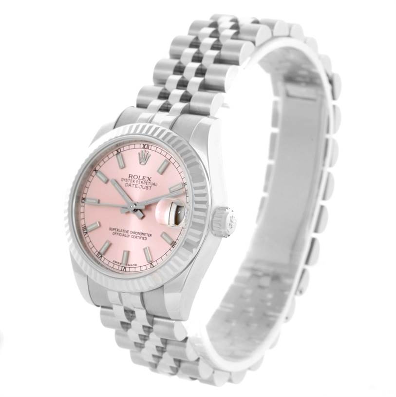 The image shows a side-angle view of a Rolex Mid-Size 178274 Women's Stainless Steel Pink Dial 178274 Women's Stainless Steel Pink Dial with a pink dial, silver bezel, and silver Jubilee bracelet.