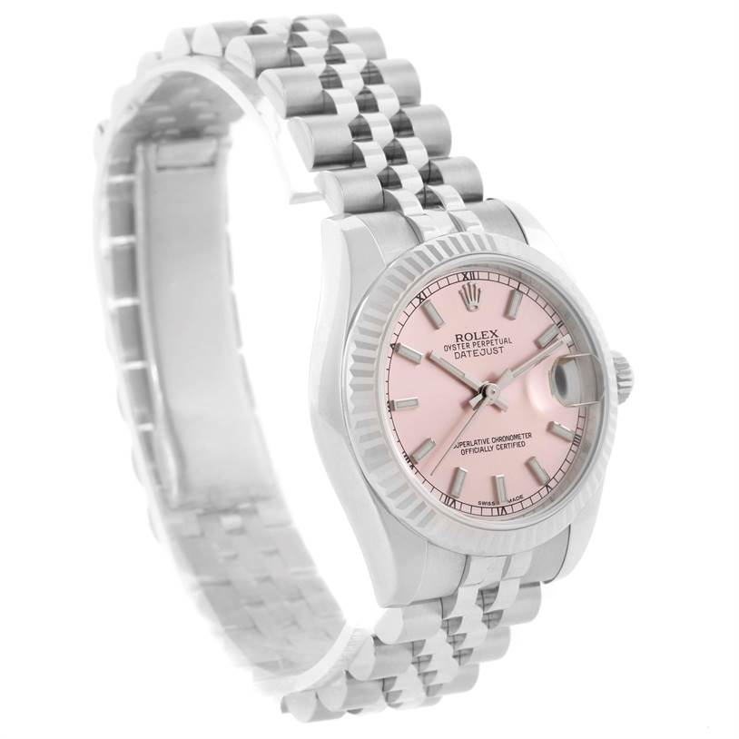 This image shows a Rolex Mid-Size 178274 Women's Stainless Steel Pink Dial 178274 Women's Stainless Steel Pink Dial Datejust watch at an angled view, featuring its bracelet, pink dial, and fluted bezel.