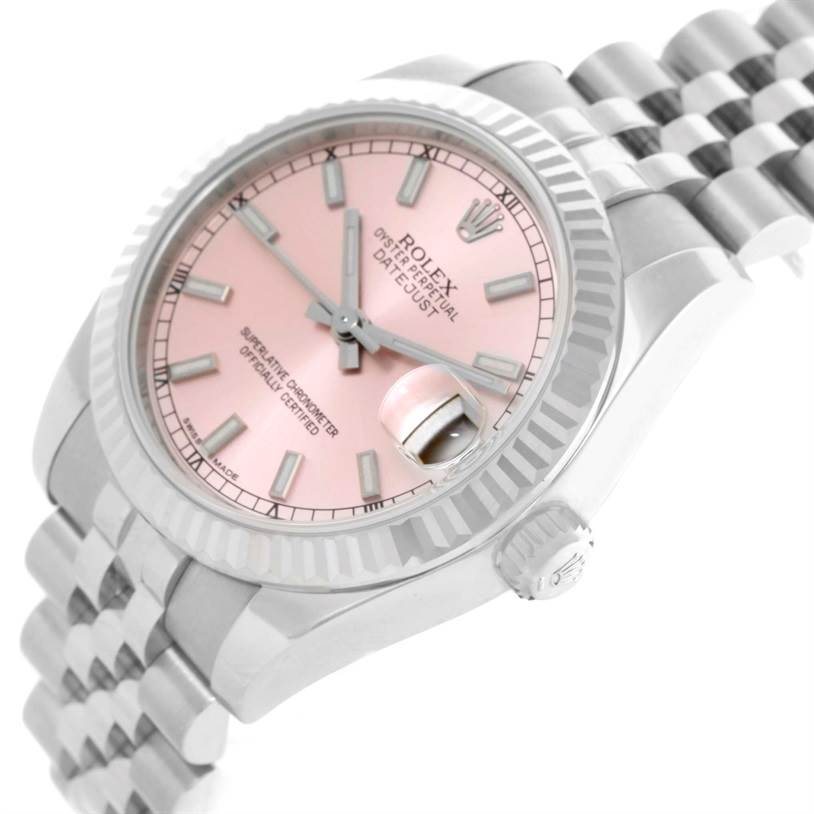 This image shows a Rolex Mid-Size 178274 Women's Stainless Steel Pink Dial 178274 Women's Stainless Steel Pink Dial Datejust watch with a pink dial, stainless steel case, fluted bezel, and Jubilee bracelet from an angled side view.