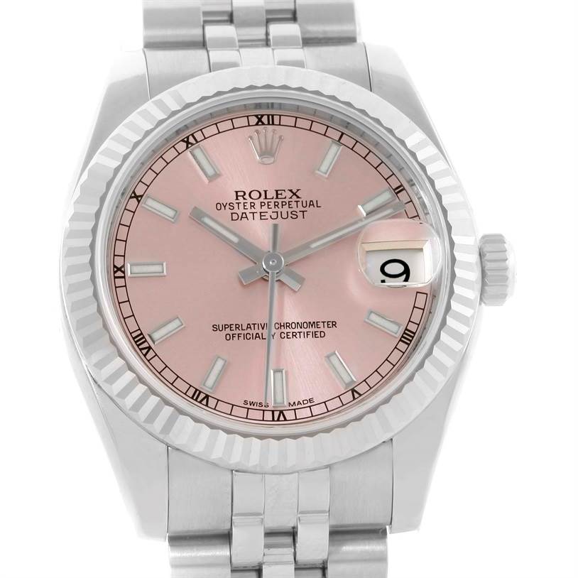 This is a head-on view of a Rolex Mid-Size 178274 Women's Stainless Steel Pink Dial 178274 Women's Stainless Steel Pink Dial Datejust showing the dial, bezel, and part of the bracelet.