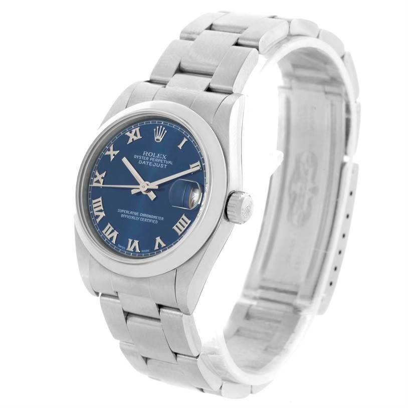 The Rolex Mid-Size 68240 Women's Stainless Steel Blue Dial 68240 Women's Stainless Steel Blue Dial Datejust watch is shown at a front angle, highlighting its blue dial, Roman numerals, and metal bracelet.