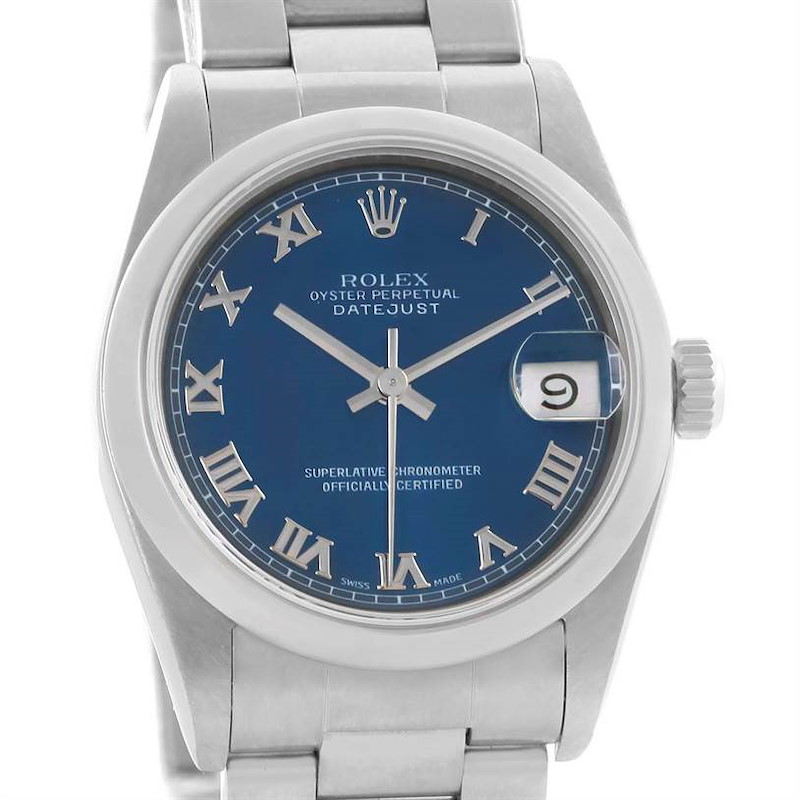 The image shows a frontal view of the Rolex Datejust Mid-Size watch, highlighting the dial, hands, date, and part of the bracelet.