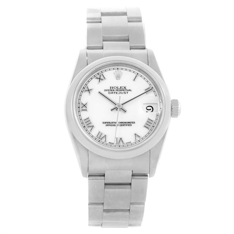 The image displays a Rolex Mid-Size 68240 Women's Stainless Steel White Dial 68240 Women's Stainless Steel White Dial Datejust watch from a front angle, highlighting its face and bracelet.