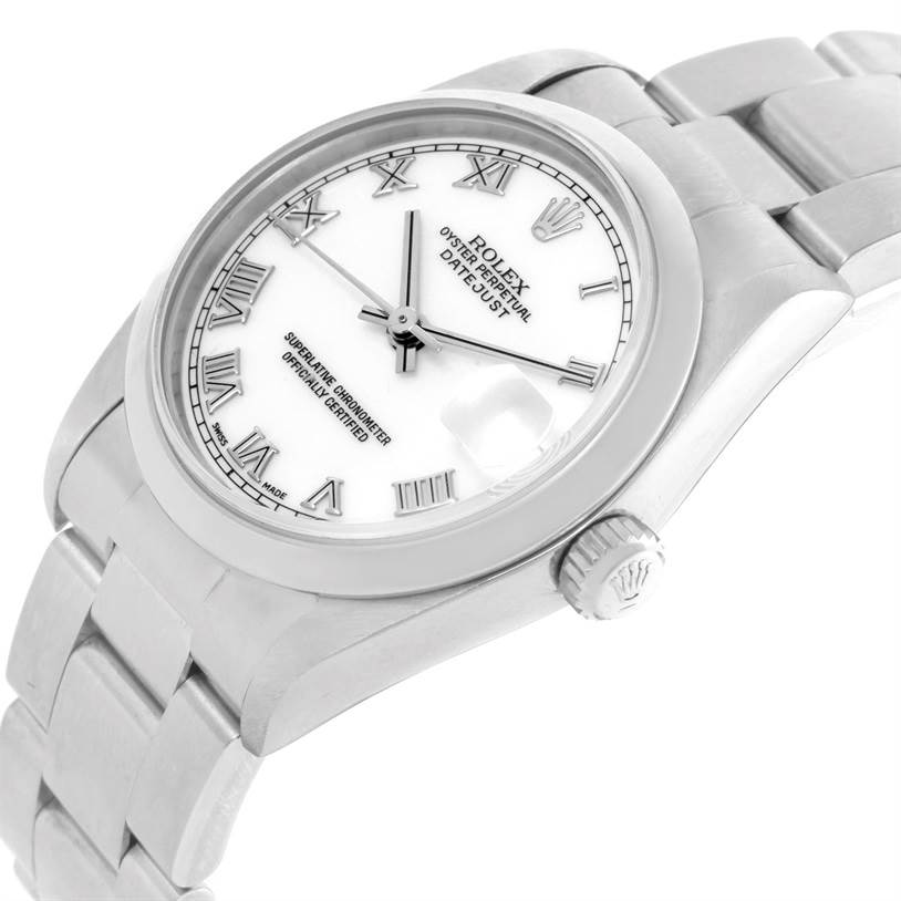 This image shows a close-up angle of a Rolex Mid-Size 68240 Women's Stainless Steel White Dial 68240 Women's Stainless Steel White Dial Datejust watch, highlighting the face, bracelet, and crown.