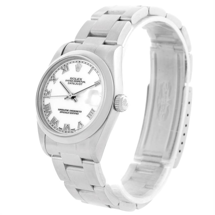 This image shows a front angle of a mid-size Rolex Datejust watch featuring the face, bracelet, and clasp.