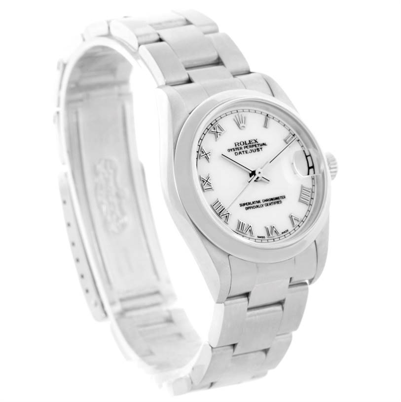 The image shows a Rolex Datejust Mid-Size watch at a slight angle, highlighting the bracelet, case, and dial with Roman numerals.