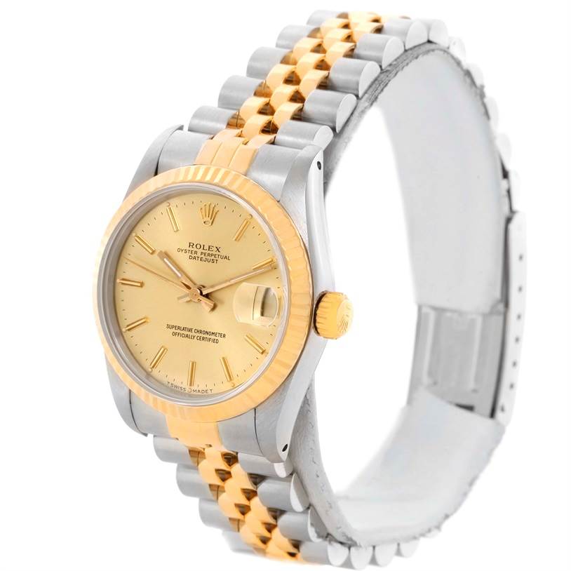 This image shows a Rolex Mid-Size 68273 Women's Steel and Gold (two tone) Champagne Dial 68273 Women's Steel and Gold (two tone) Champagne Dial Datejust watch at an angle, displaying its face, bezel, crown, and two-tone metal bracelet.