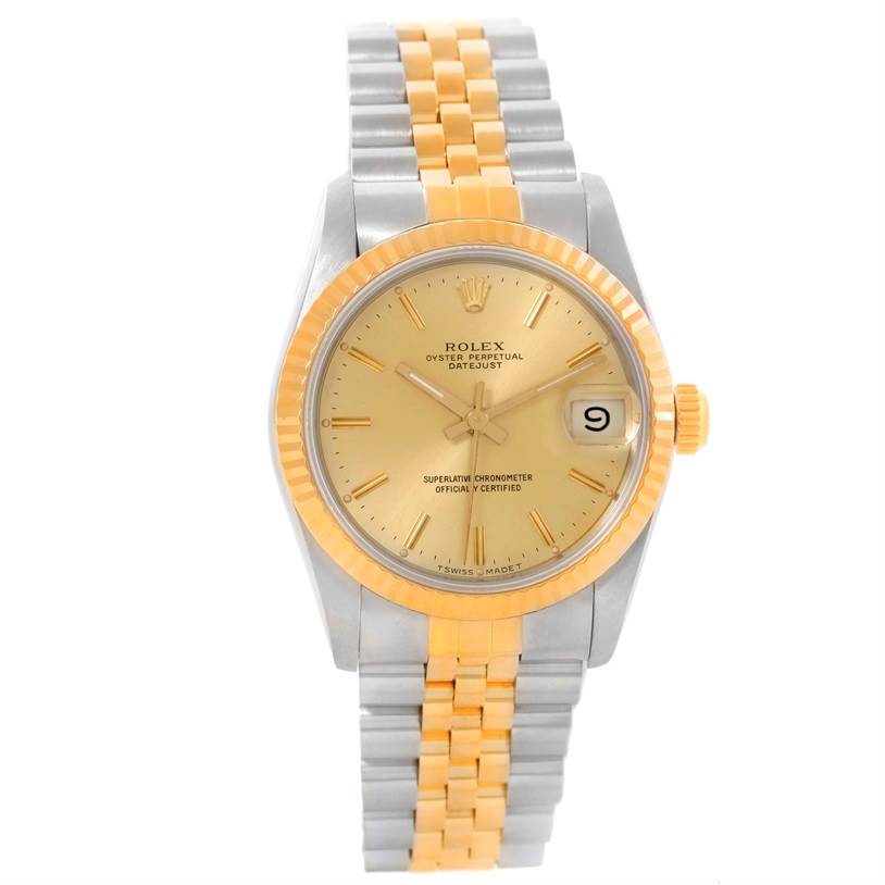 This image shows a front view of the Rolex Mid-Size 68273 Women's Steel and Gold (two tone) Champagne Dial 68273 Women's Steel and Gold (two tone) Champagne Dial Oyster Perpetual Datejust, highlighting the dial, bezel, and bracelet.