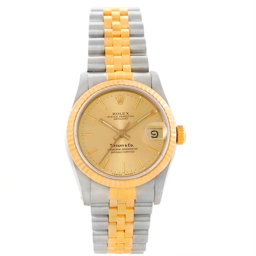 This image shows a front-facing view of a mid-size Rolex Oyster Perpetual Datejust watch with a two-tone bracelet.