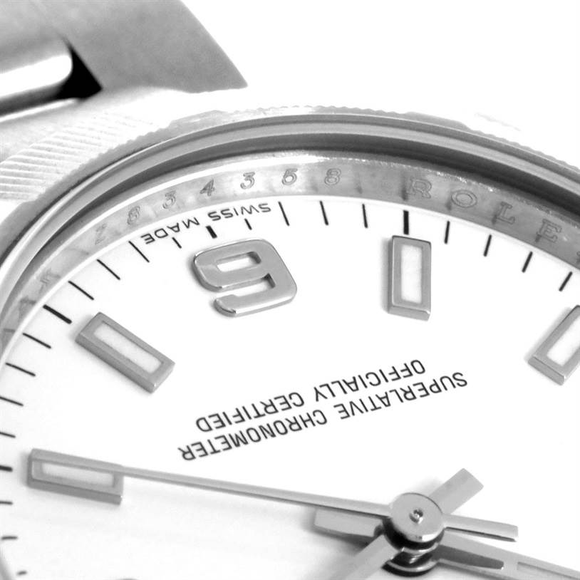 The close-up angle shows the dial, hands, and part of the bezel of the Rolex Mid-Size 177210 Women's Stainless Steel White Dial 177210 Women's Stainless Steel White Dial model watch.