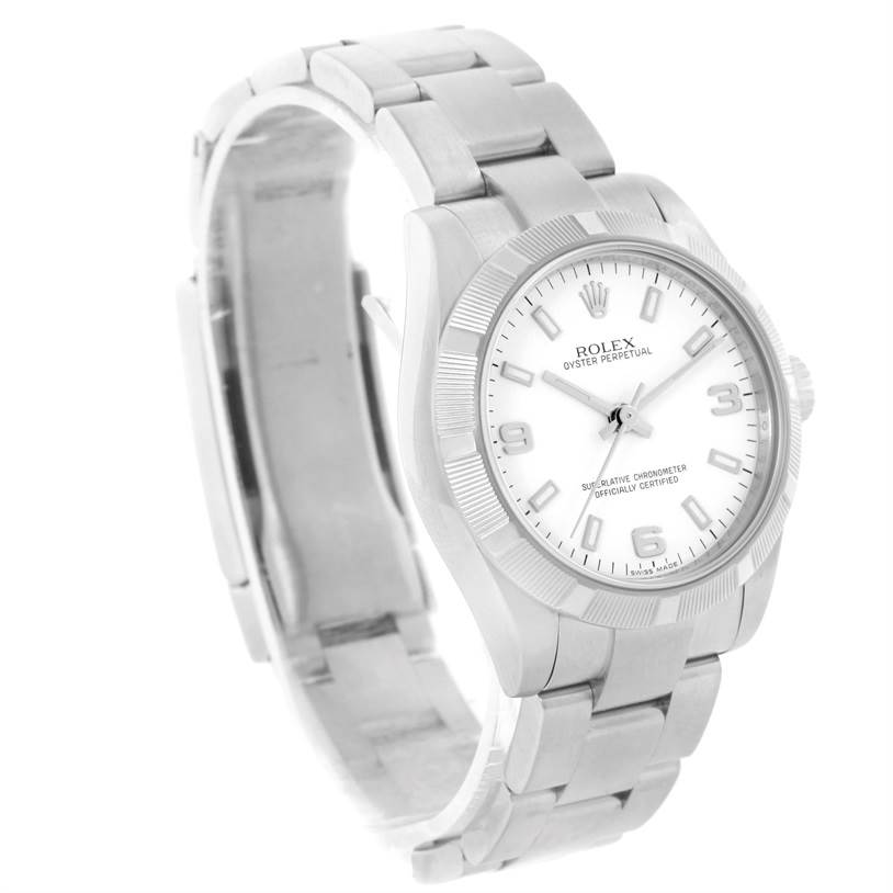 The image shows the Rolex Mid-Size 177210 Women's Stainless Steel White Dial 177210 Women's Stainless Steel White Dial watch at a three-quarter angle, highlighting the dial, bezel, and bracelet.