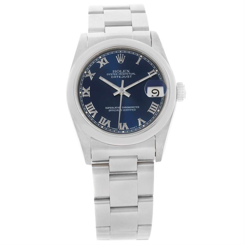 This image shows a front view of the Rolex Mid-Size 68240 Women
s Stainless Steel Blue Dial 68240 Women
s Stainless Steel Blue Dial Oyster Perpetual Datejust watch, featuring its dial, bezel, hands, and bracelet.