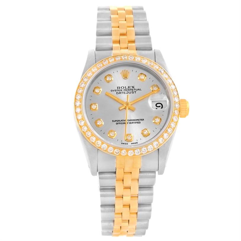 The image shows a front view of a Rolex Mid-Size 68273 Women's Steel and Gold (two tone) Silver Dial 68273 Women's Steel and Gold (two tone) Silver Dial Oyster Perpetual Datejust watch in gold and silver with a diamond bezel and dial markers.