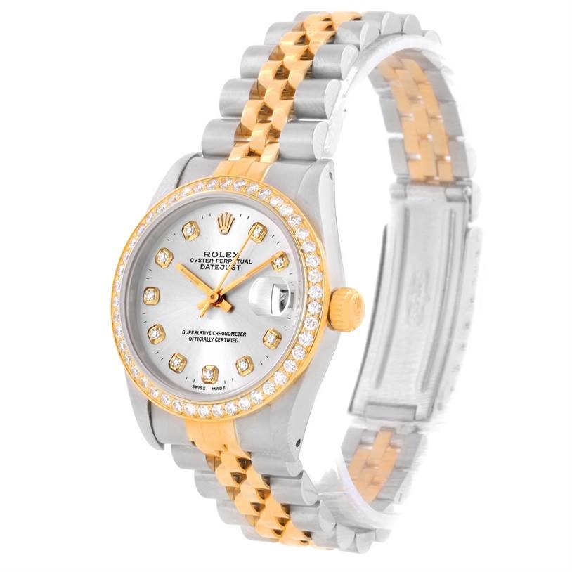 The image shows the front and side view of a two-tone Rolex Mid-Size 68273 Women's Steel and Gold (two tone) Silver Dial 68273 Women's Steel and Gold (two tone) Silver Dial Datejust watch with a silver and diamond-embellished dial and bezel.