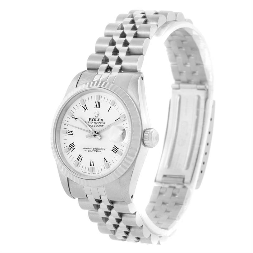 The image shows a Rolex Oyster Perpetual Datejust Mid-Size watch from a three-quarters front angle, displaying the dial, crown, and part of the bracelet.