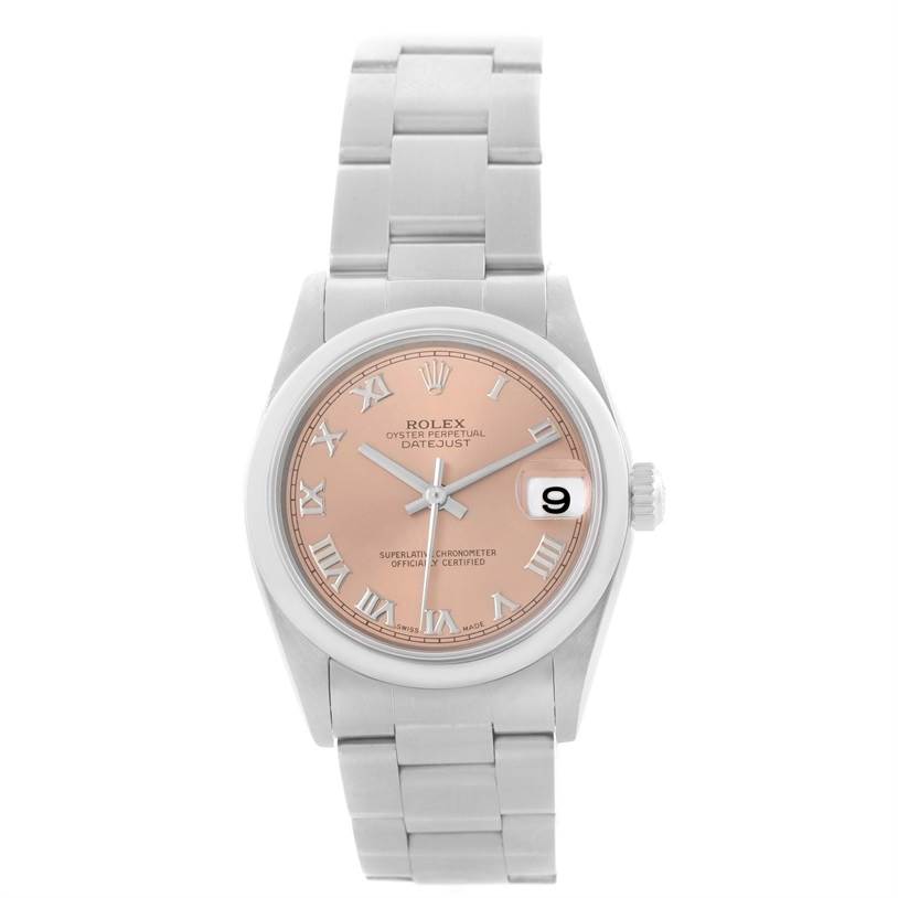 The image shows a front view of a Rolex Mid-Size 78240 Women's Stainless Steel Pink Dial 78240 Women's Stainless Steel Pink Dial Datejust watch, highlighting its pink dial with Roman numeral markers and date display.