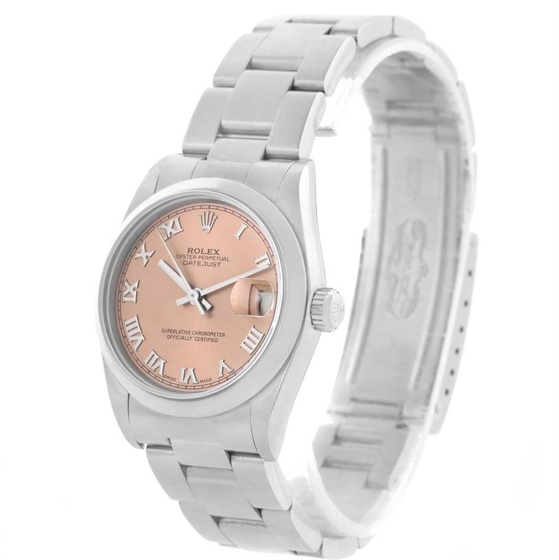 This image shows a Rolex Mid-Size 78240 Women's Stainless Steel Pink Dial 78240 Women's Stainless Steel Pink Dial Oyster Perpetual Datejust watch from a three-quarter front angle, highlighting the dial and bracelet.