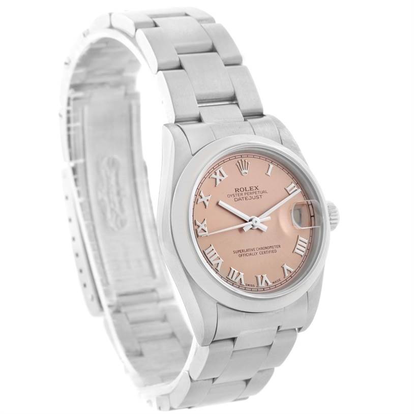 The Rolex Mid-Size 78240 Women's Stainless Steel Pink Dial 78240 Women's Stainless Steel Pink Dial watch is shown at a slight angle, displaying its face, bezel, bracelet, and partially open clasp.