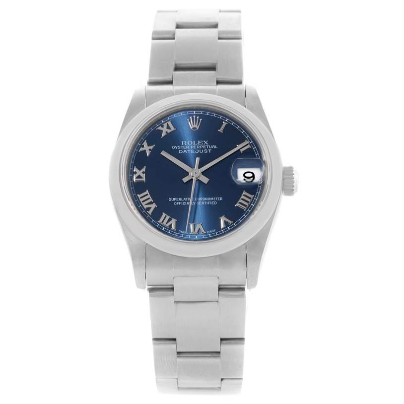 This is a front view of a Rolex Datejust Mid-Size watch, showing its blue dial, Roman numerals, and stainless steel bracelet.